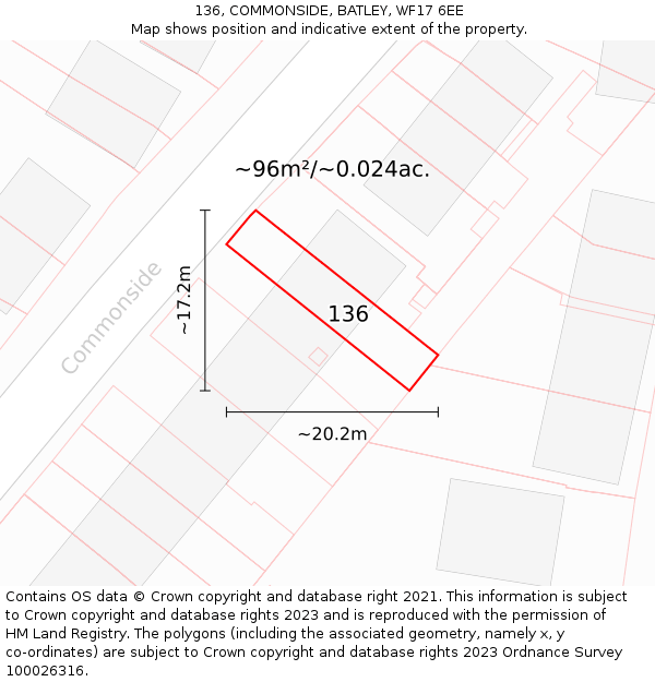 136, COMMONSIDE, BATLEY, WF17 6EE: Plot and title map