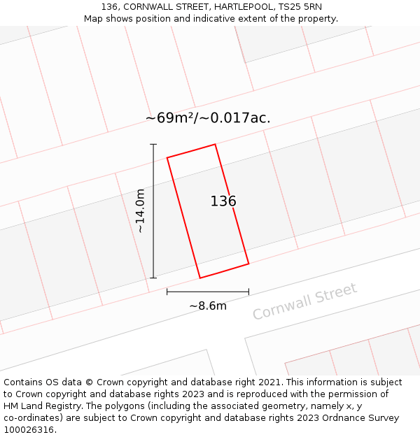 136, CORNWALL STREET, HARTLEPOOL, TS25 5RN: Plot and title map