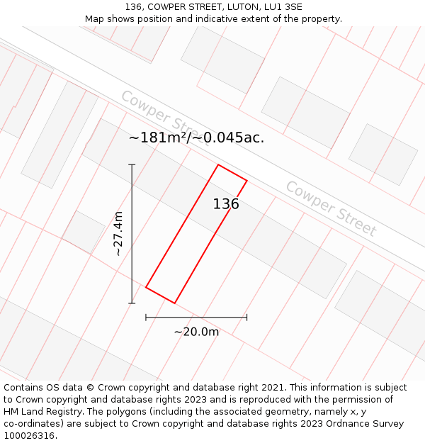 136, COWPER STREET, LUTON, LU1 3SE: Plot and title map
