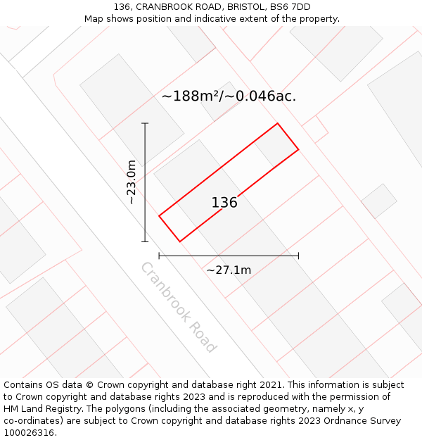 136, CRANBROOK ROAD, BRISTOL, BS6 7DD: Plot and title map