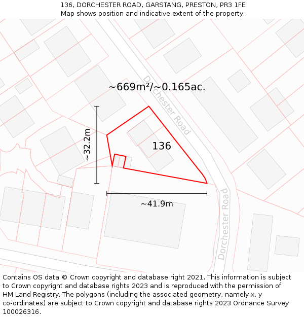 136, DORCHESTER ROAD, GARSTANG, PRESTON, PR3 1FE: Plot and title map