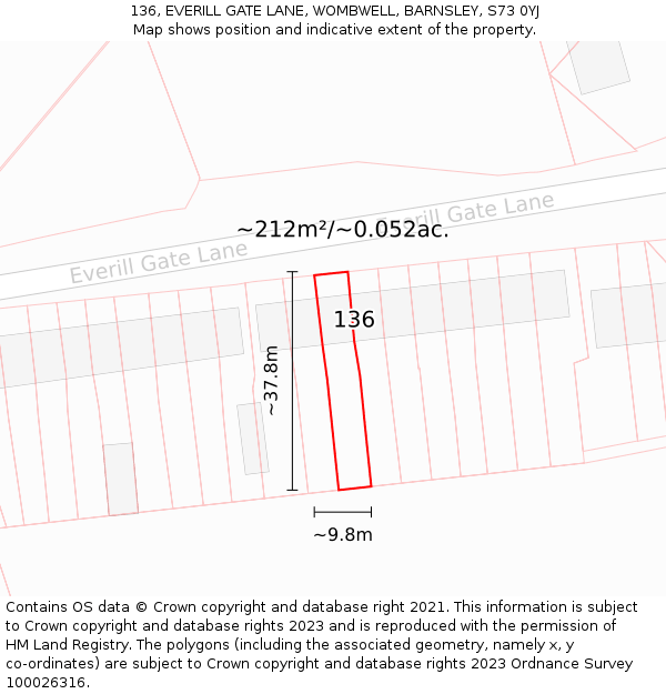 136, EVERILL GATE LANE, WOMBWELL, BARNSLEY, S73 0YJ: Plot and title map