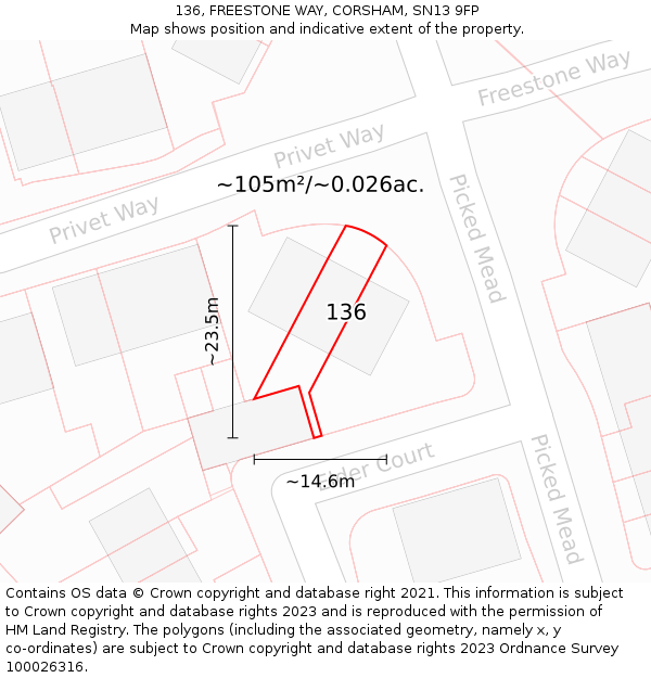 136, FREESTONE WAY, CORSHAM, SN13 9FP: Plot and title map