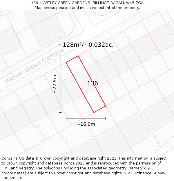 136, HARTLEY GREEN GARDENS, BILLINGE, WIGAN, WN5 7GA: Plot and title map