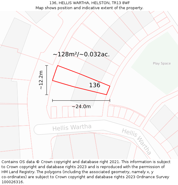 136, HELLIS WARTHA, HELSTON, TR13 8WF: Plot and title map