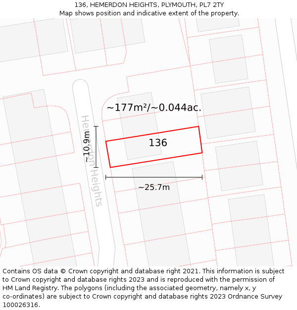 136, HEMERDON HEIGHTS, PLYMOUTH, PL7 2TY: Plot and title map