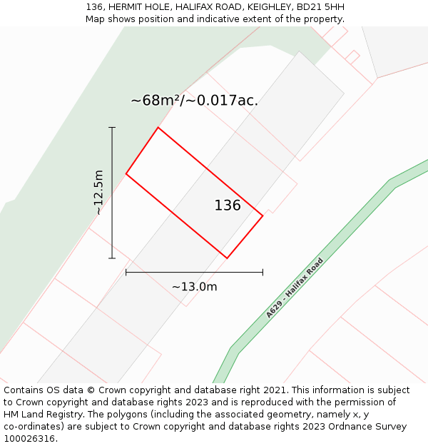 136, HERMIT HOLE, HALIFAX ROAD, KEIGHLEY, BD21 5HH: Plot and title map
