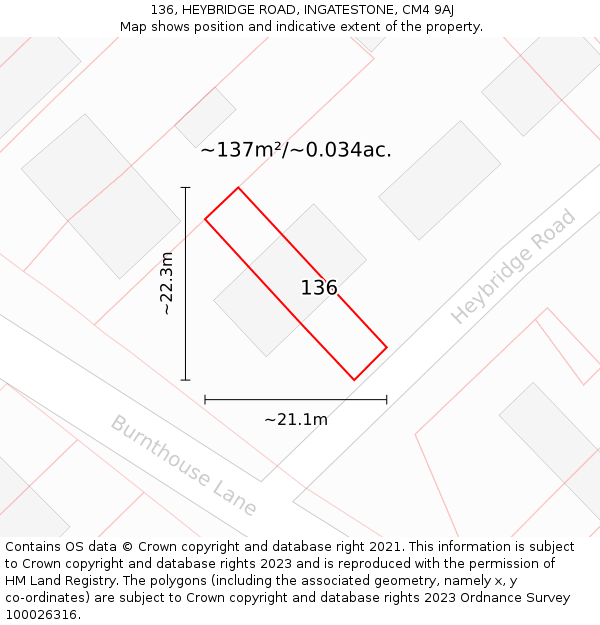 136, HEYBRIDGE ROAD, INGATESTONE, CM4 9AJ: Plot and title map