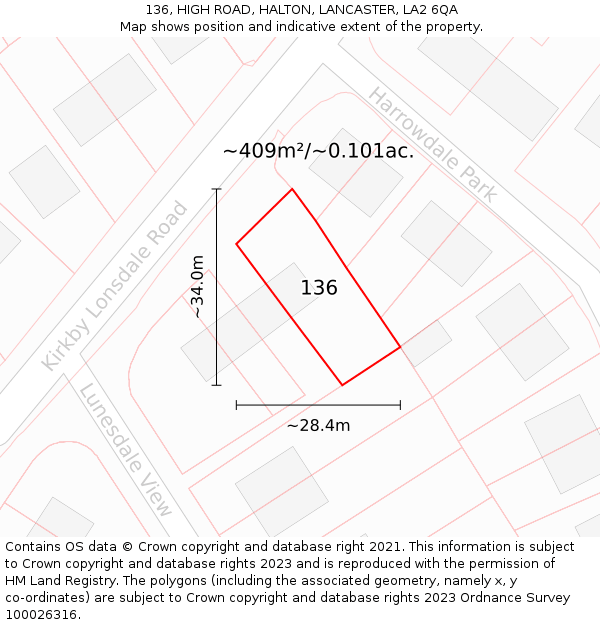 136, HIGH ROAD, HALTON, LANCASTER, LA2 6QA: Plot and title map