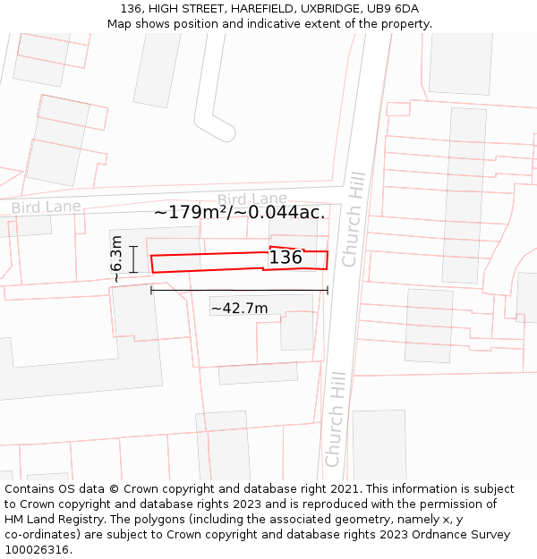 136, HIGH STREET, HAREFIELD, UXBRIDGE, UB9 6DA: Plot and title map