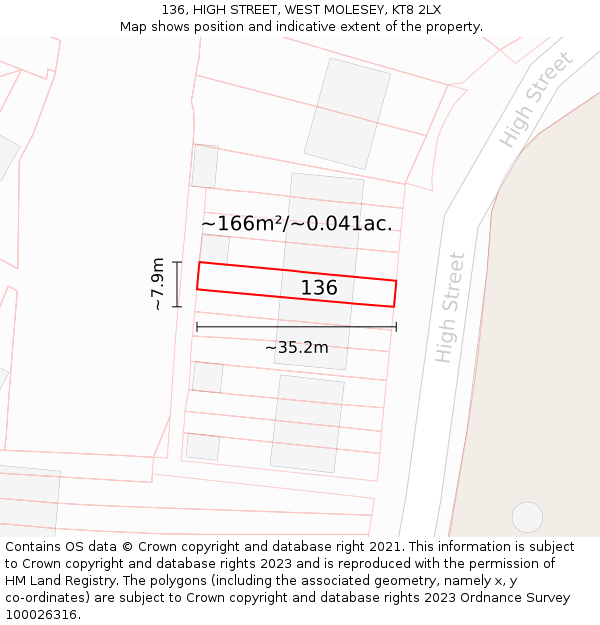136, HIGH STREET, WEST MOLESEY, KT8 2LX: Plot and title map