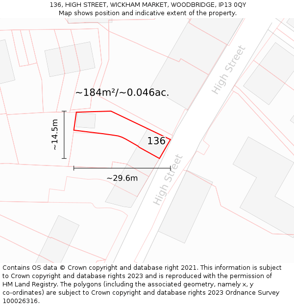 136, HIGH STREET, WICKHAM MARKET, WOODBRIDGE, IP13 0QY: Plot and title map
