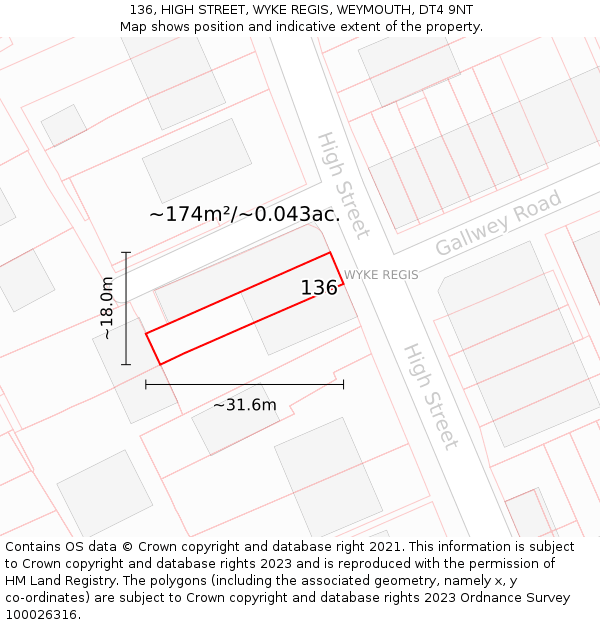 136, HIGH STREET, WYKE REGIS, WEYMOUTH, DT4 9NT: Plot and title map