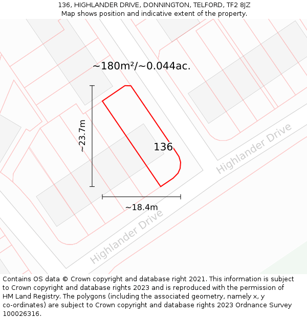 136, HIGHLANDER DRIVE, DONNINGTON, TELFORD, TF2 8JZ: Plot and title map