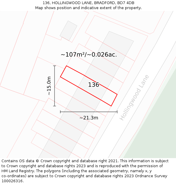 136, HOLLINGWOOD LANE, BRADFORD, BD7 4DB: Plot and title map