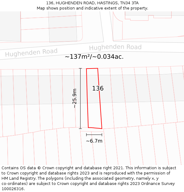 136, HUGHENDEN ROAD, HASTINGS, TN34 3TA: Plot and title map