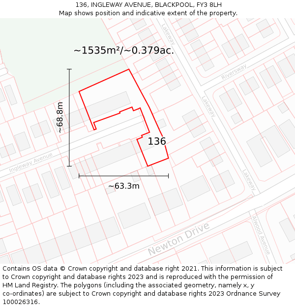 136, INGLEWAY AVENUE, BLACKPOOL, FY3 8LH: Plot and title map