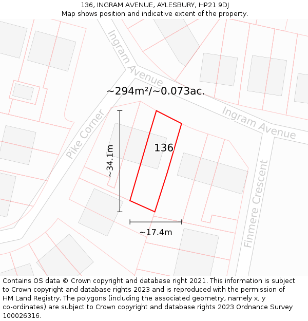 136, INGRAM AVENUE, AYLESBURY, HP21 9DJ: Plot and title map