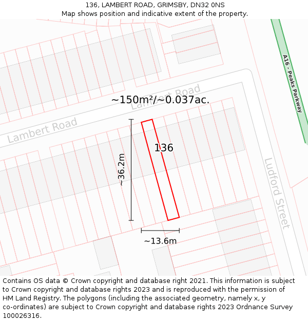 136, LAMBERT ROAD, GRIMSBY, DN32 0NS: Plot and title map