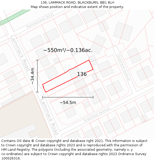 136, LAMMACK ROAD, BLACKBURN, BB1 8LH: Plot and title map