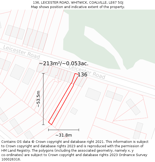 136, LEICESTER ROAD, WHITWICK, COALVILLE, LE67 5GJ: Plot and title map
