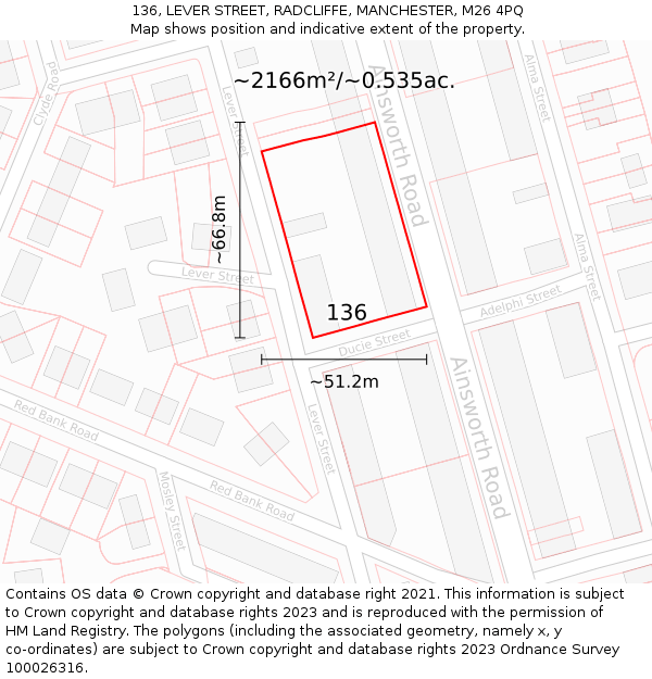 136, LEVER STREET, RADCLIFFE, MANCHESTER, M26 4PQ: Plot and title map