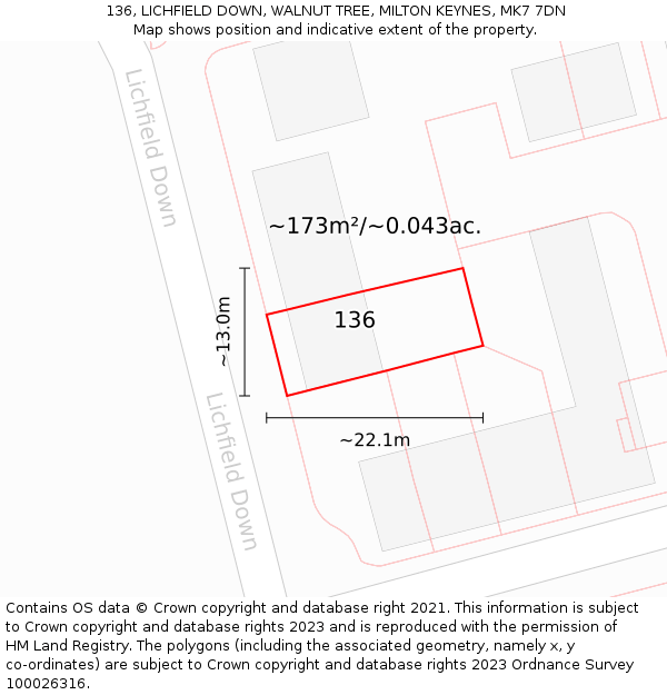 136, LICHFIELD DOWN, WALNUT TREE, MILTON KEYNES, MK7 7DN: Plot and title map