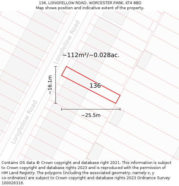 136, LONGFELLOW ROAD, WORCESTER PARK, KT4 8BD: Plot and title map