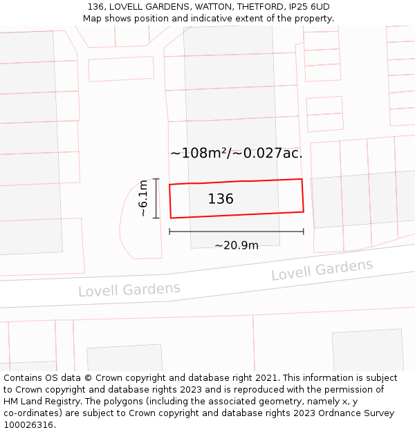 136, LOVELL GARDENS, WATTON, THETFORD, IP25 6UD: Plot and title map
