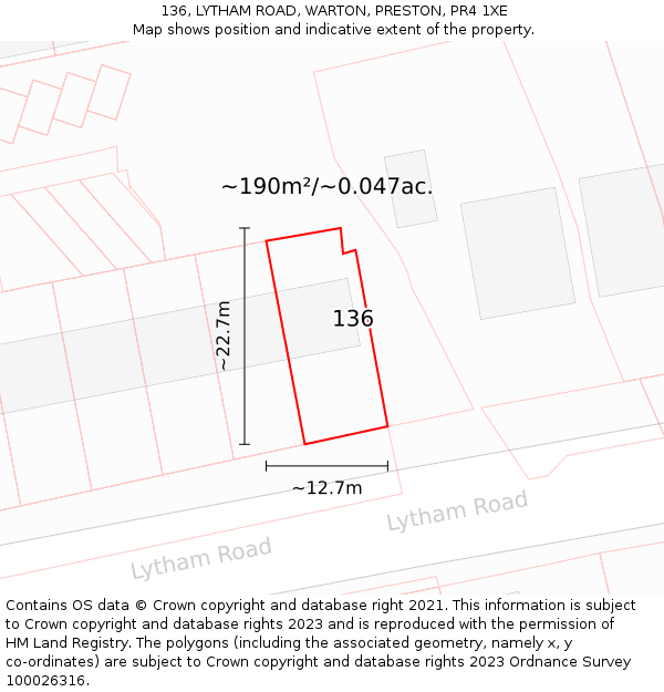 136, LYTHAM ROAD, WARTON, PRESTON, PR4 1XE: Plot and title map