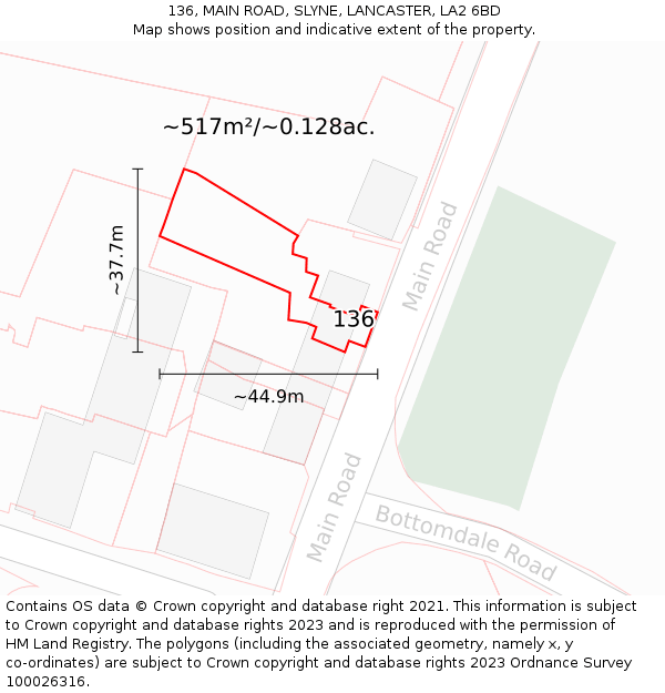 136, MAIN ROAD, SLYNE, LANCASTER, LA2 6BD: Plot and title map