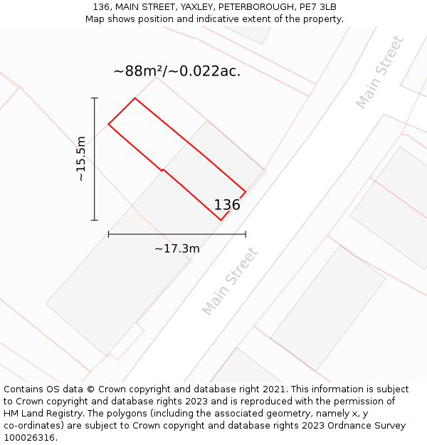 136, MAIN STREET, YAXLEY, PETERBOROUGH, PE7 3LB: Plot and title map