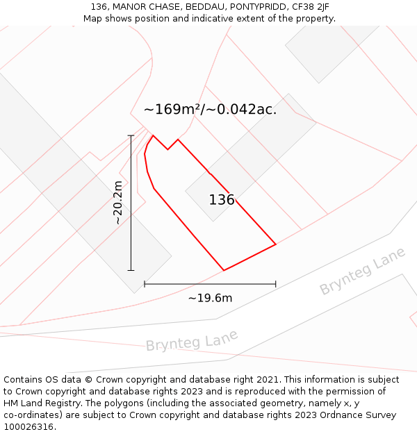 136, MANOR CHASE, BEDDAU, PONTYPRIDD, CF38 2JF: Plot and title map