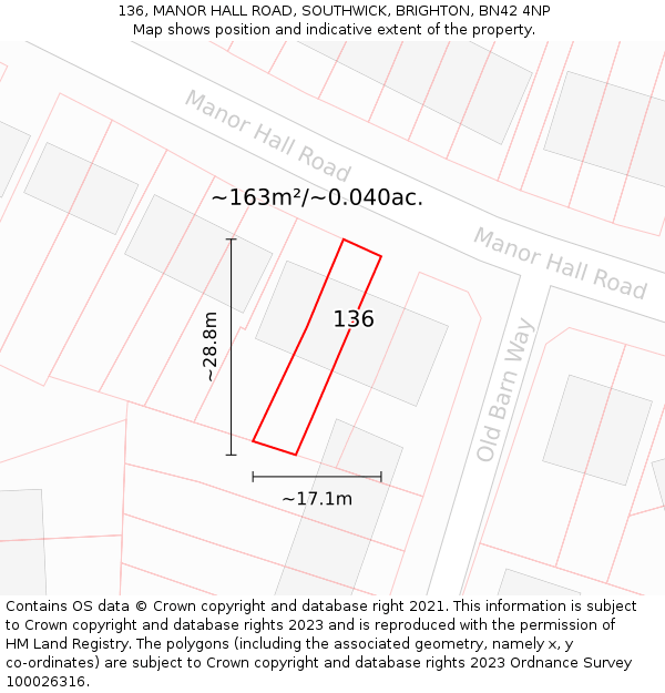 136, MANOR HALL ROAD, SOUTHWICK, BRIGHTON, BN42 4NP: Plot and title map