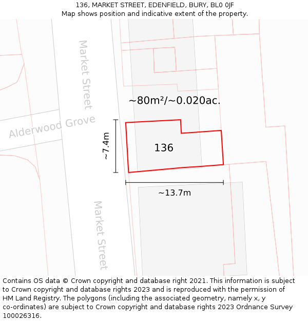 136, MARKET STREET, EDENFIELD, BURY, BL0 0JF: Plot and title map