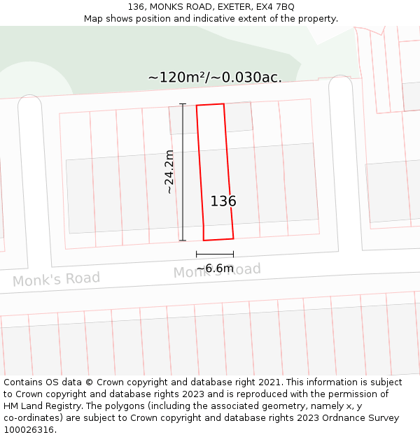 136, MONKS ROAD, EXETER, EX4 7BQ: Plot and title map