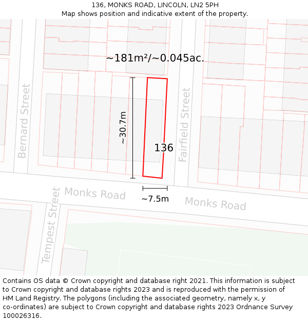 136, MONKS ROAD, LINCOLN, LN2 5PH: Plot and title map