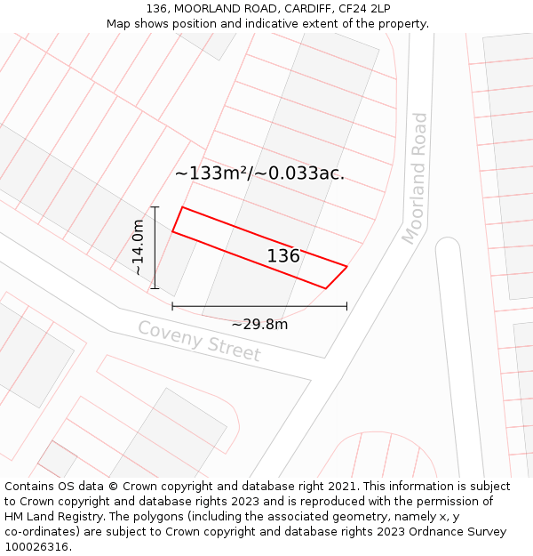136, MOORLAND ROAD, CARDIFF, CF24 2LP: Plot and title map