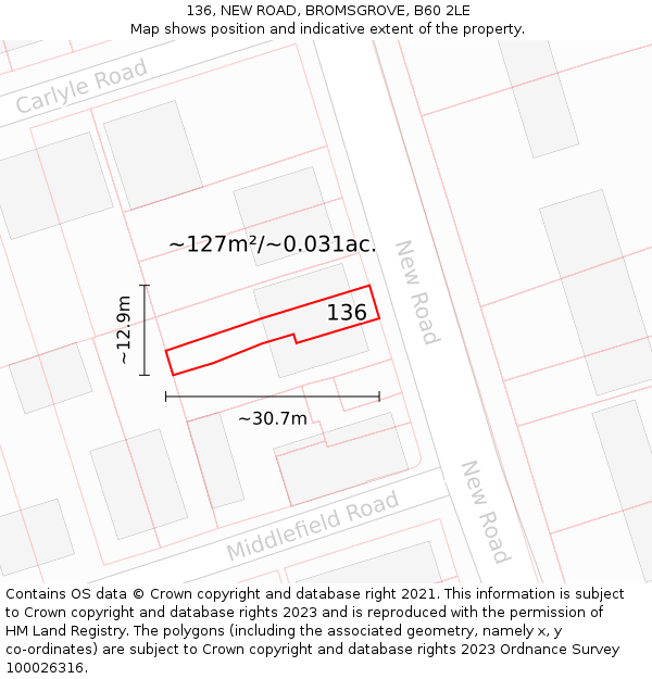 136, NEW ROAD, BROMSGROVE, B60 2LE: Plot and title map