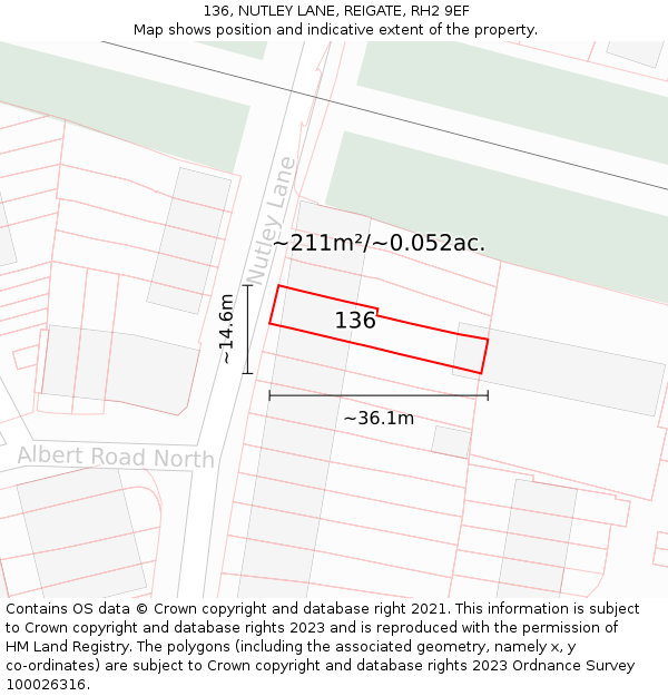 136, NUTLEY LANE, REIGATE, RH2 9EF: Plot and title map