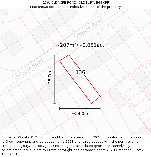 136, OLDACRE ROAD, OLDBURY, B68 0RF: Plot and title map