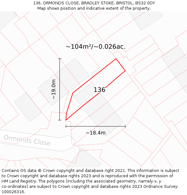 136, ORMONDS CLOSE, BRADLEY STOKE, BRISTOL, BS32 0DY: Plot and title map