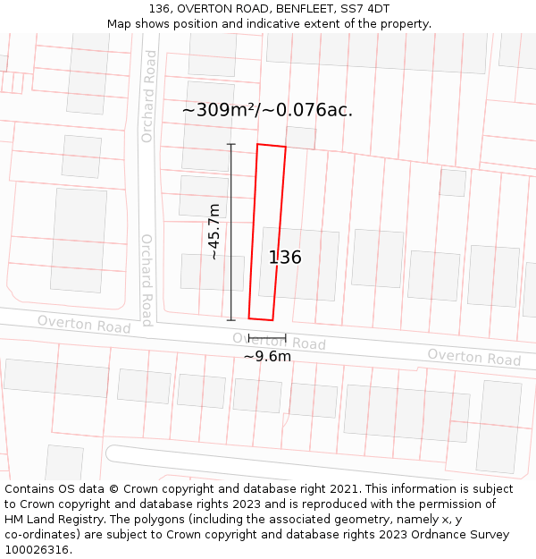 136, OVERTON ROAD, BENFLEET, SS7 4DT: Plot and title map
