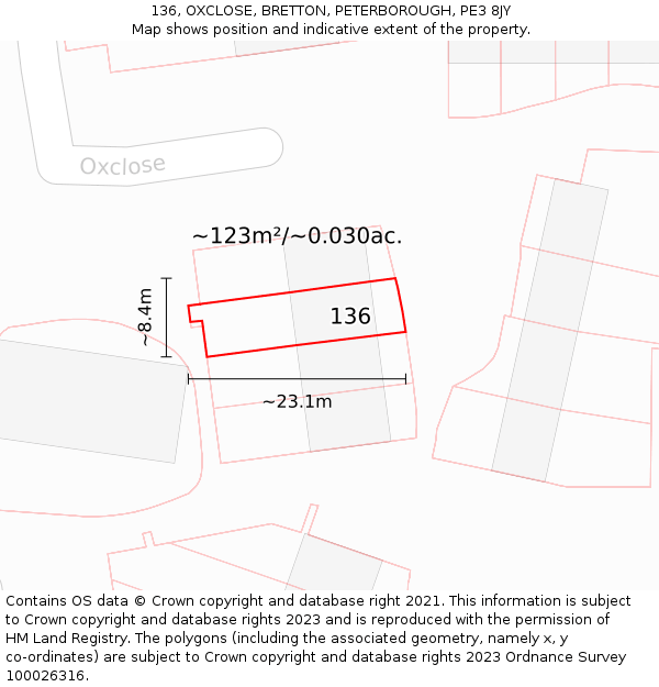 136, OXCLOSE, BRETTON, PETERBOROUGH, PE3 8JY: Plot and title map