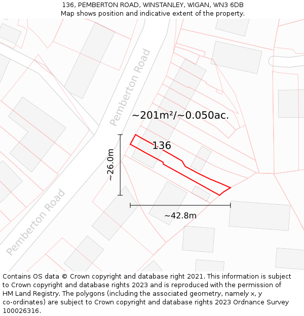 136, PEMBERTON ROAD, WINSTANLEY, WIGAN, WN3 6DB: Plot and title map