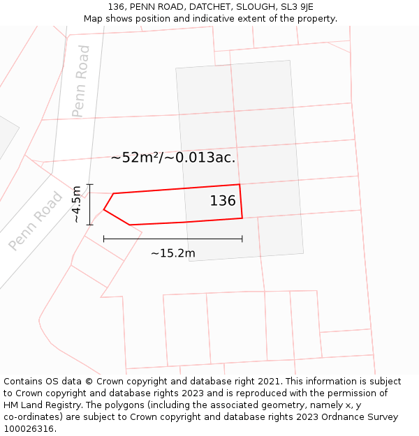 136, PENN ROAD, DATCHET, SLOUGH, SL3 9JE: Plot and title map