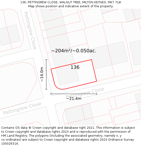 136, PETTINGREW CLOSE, WALNUT TREE, MILTON KEYNES, MK7 7LW: Plot and title map