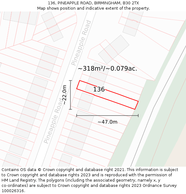 136, PINEAPPLE ROAD, BIRMINGHAM, B30 2TX: Plot and title map