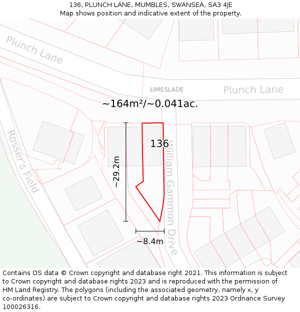 136, PLUNCH LANE, MUMBLES, SWANSEA, SA3 4JE: Plot and title map