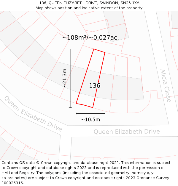136, QUEEN ELIZABETH DRIVE, SWINDON, SN25 1XA: Plot and title map